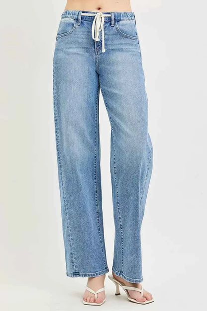 Light Wash Relaxed Fit Drawstring Waist Jeans by Risen