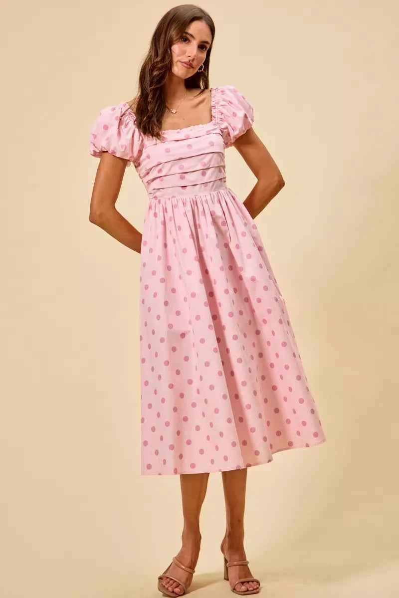 Pink Polka Dot Cotton Midi Dress Short Sleeve w/ Pockets by So Me