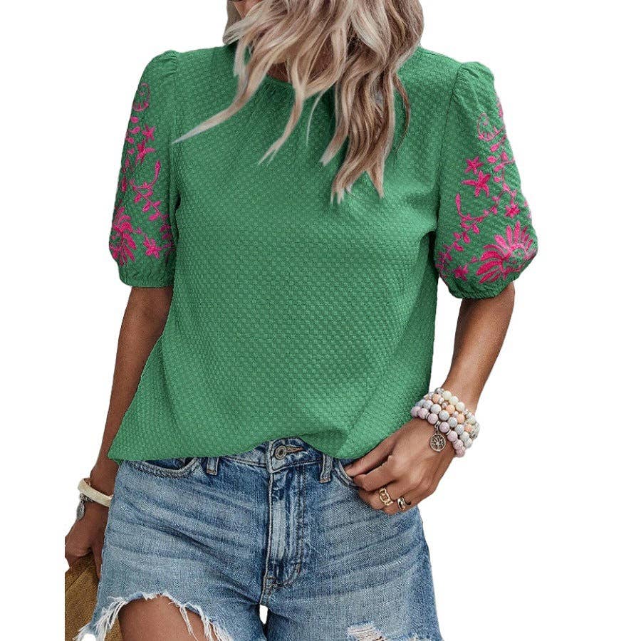 Puff Sleeve Embroidered Blouse for Women Summer: Apricot / 95% and above polyester (polyester fiber) / XL
