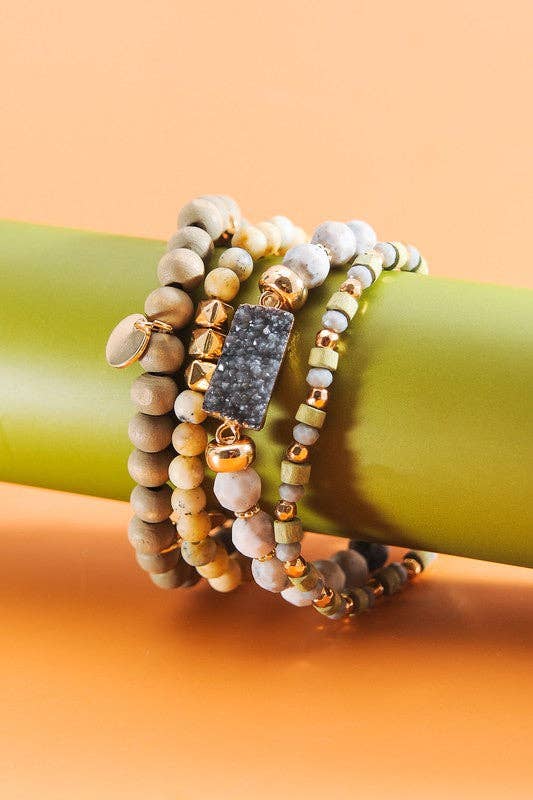 DRUZY WOOD NATURAL BEAD 4 ROW STRETCH BRACELET SET - OLIVE