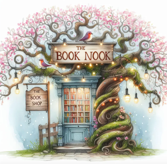 Fantasy illustration of a bookshop named 'The Book Nook' with decorative elements and cherry blossoms. DIY paint kit
