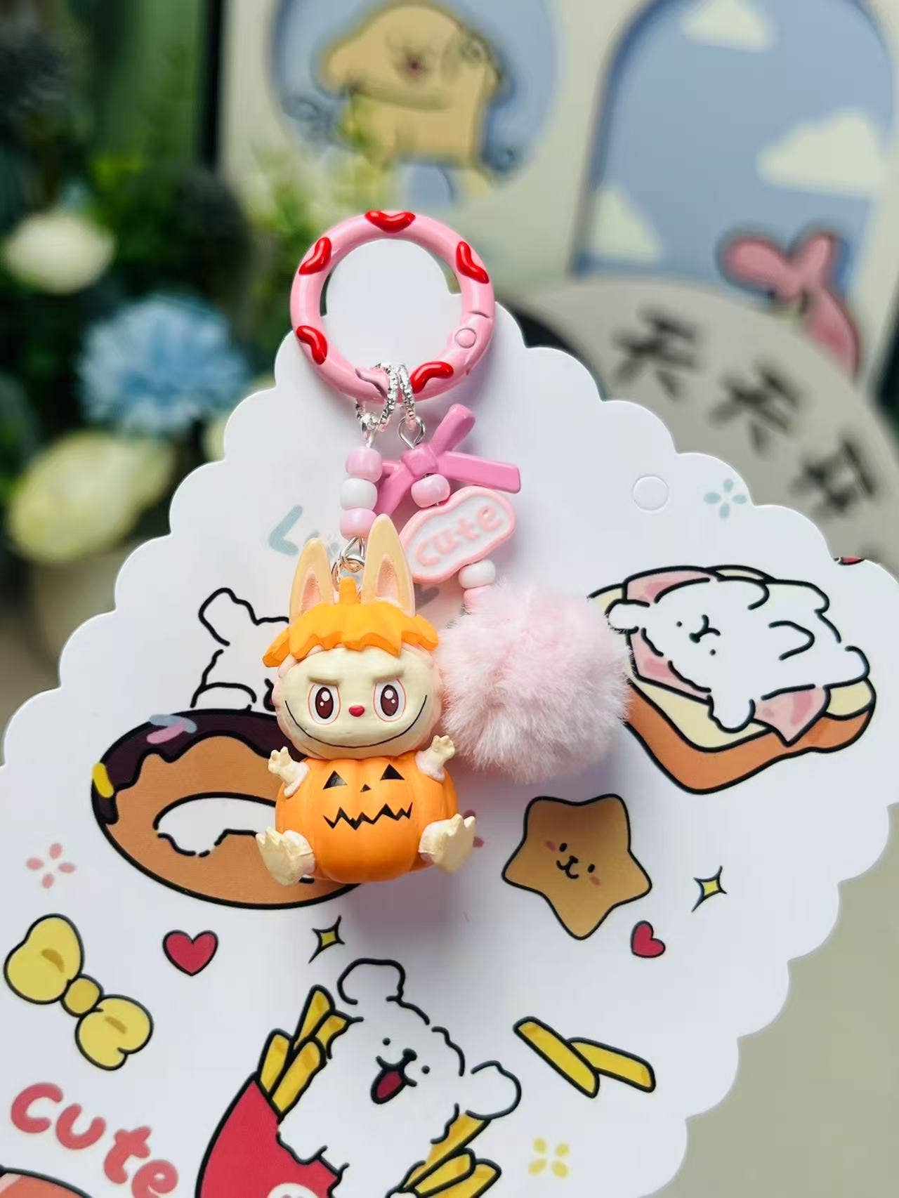 Halloween pumpkin labubu keychain bag pendant: Black flocking