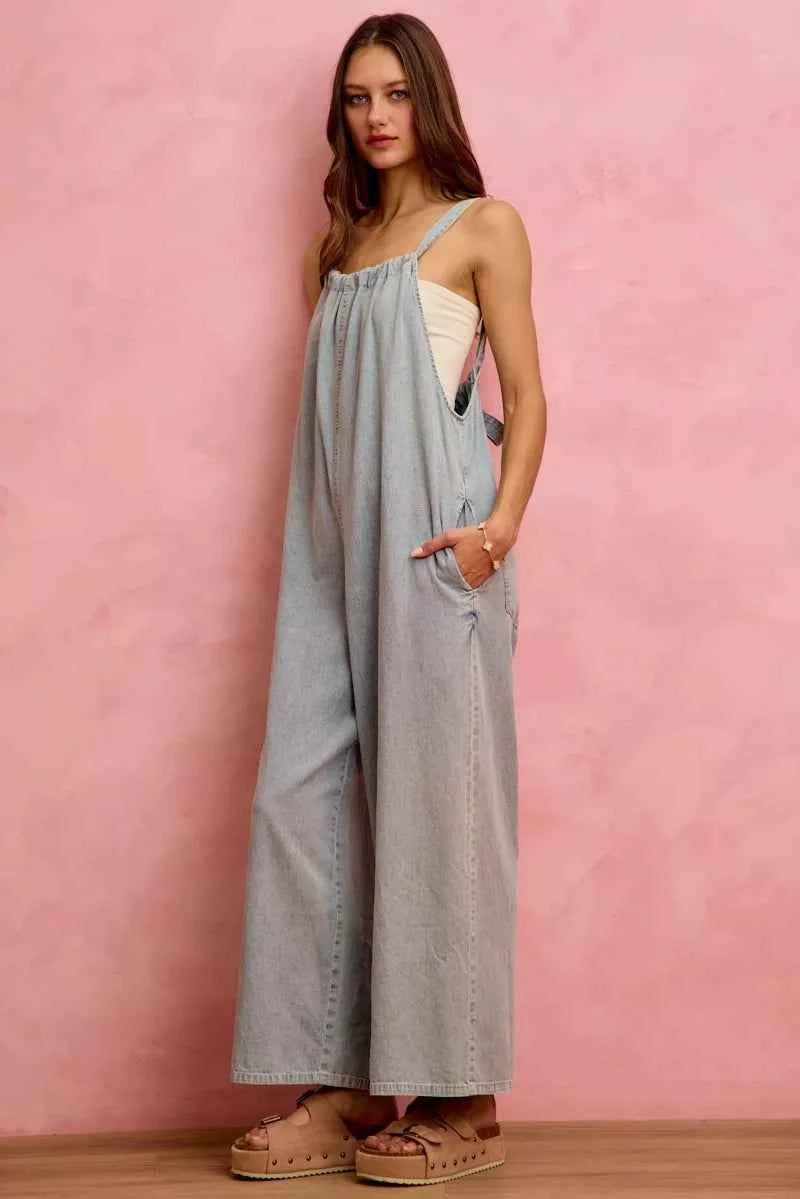 SO ME Wide Leg Lightweight Denim Overalls