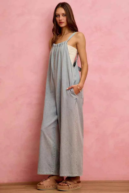 SO ME Wide Leg Lightweight Denim Overalls