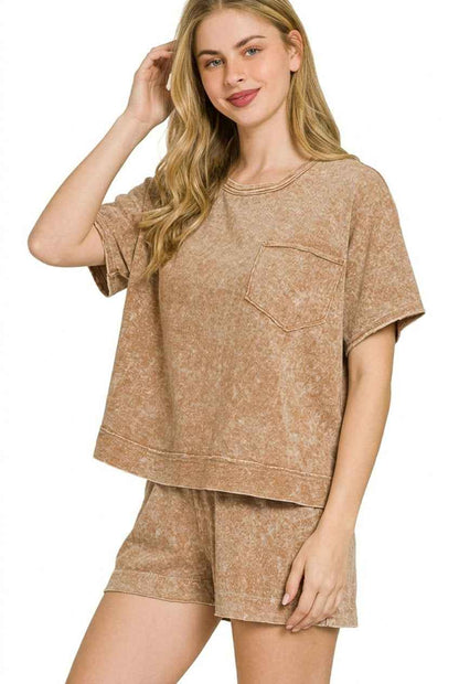 Brown Halo Snow Washed Boxy Top & Shorts Set by Zenana