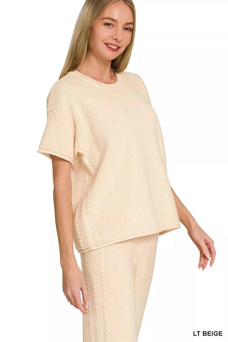 Light Beige Viscose Round Neck Top & Pants Set by Zenana