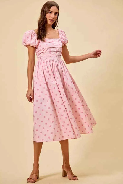 Pink Polka Dot Cotton Midi Dress Short Sleeve w/ Pockets by So Me