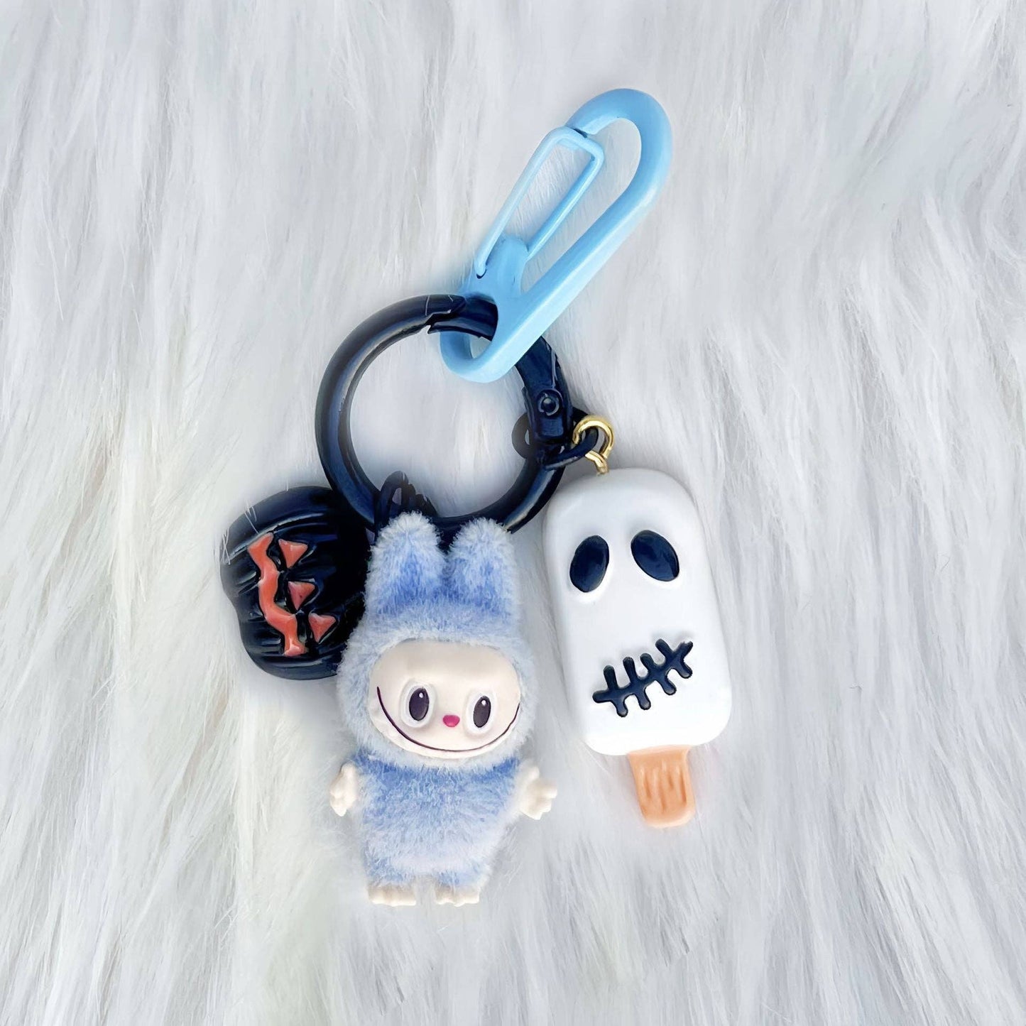 Halloween flocking mini Labubu keychain bag pendant: Gray Sitting Position