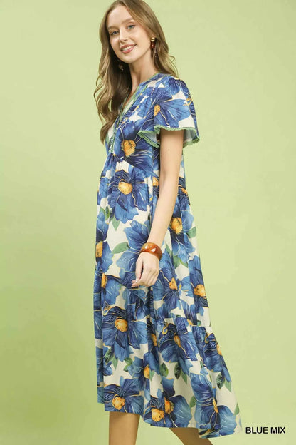 Umgee Tropical Floral V-Neck Flutter Sleeve Tiered Midi Dress