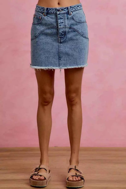 Washed Denim Floral Contrast Pockets Mini Skirt by So Me