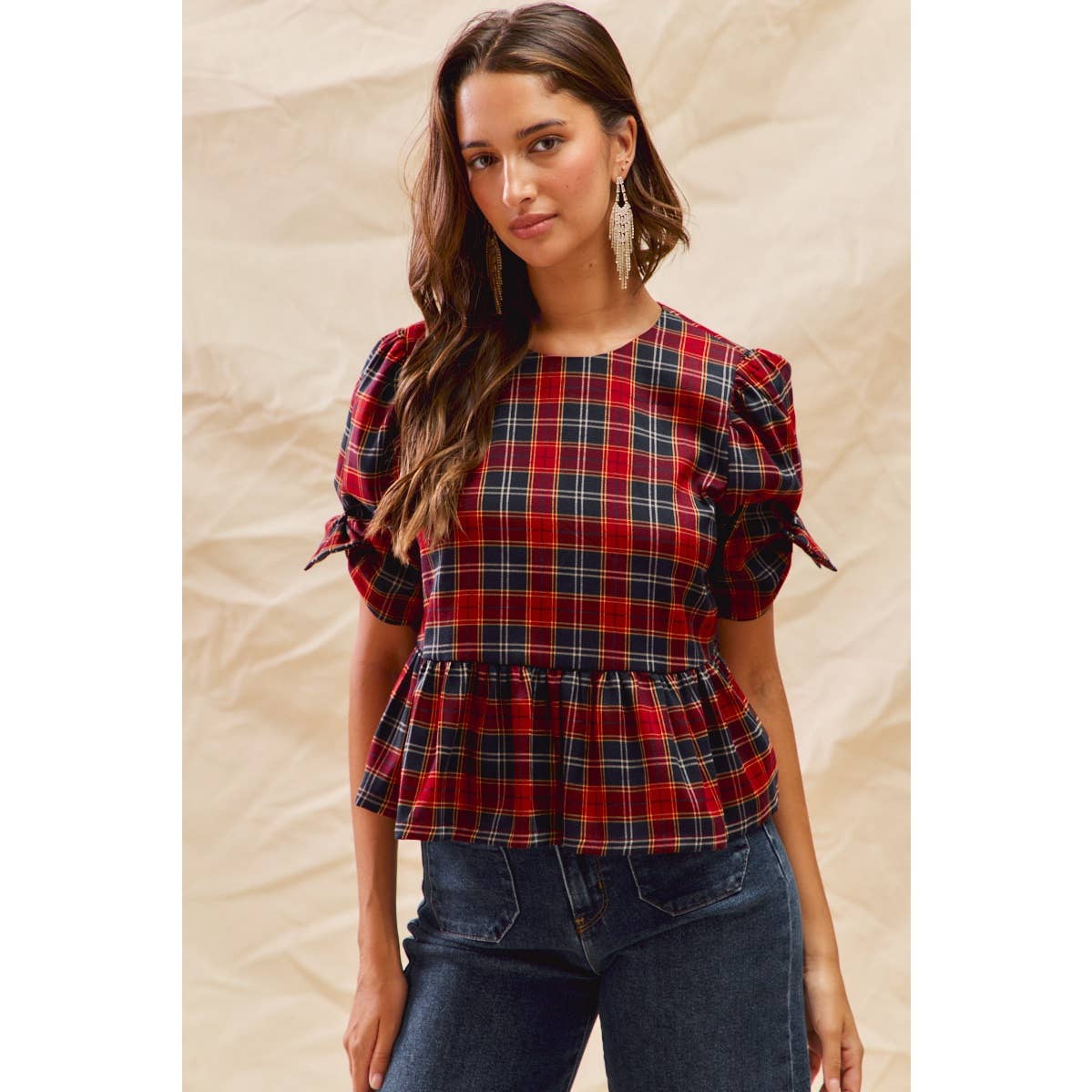 Red/Navy Christmas Holiday Plaid Ribbon Short Sleeve Peplum Top by So Me