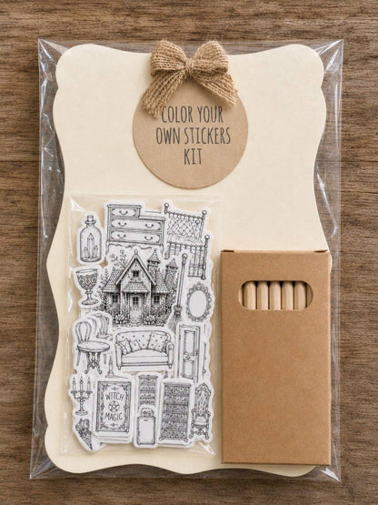 Practical Magic color-your-own sticker kit with illustrated stickers and colored pencils