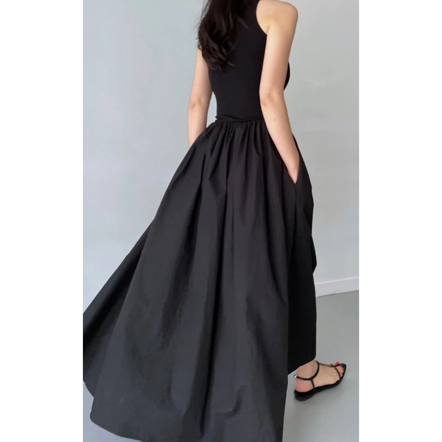 Commense Womens Black Sleeveless Maxi Dress With Pockets ~Size Medium