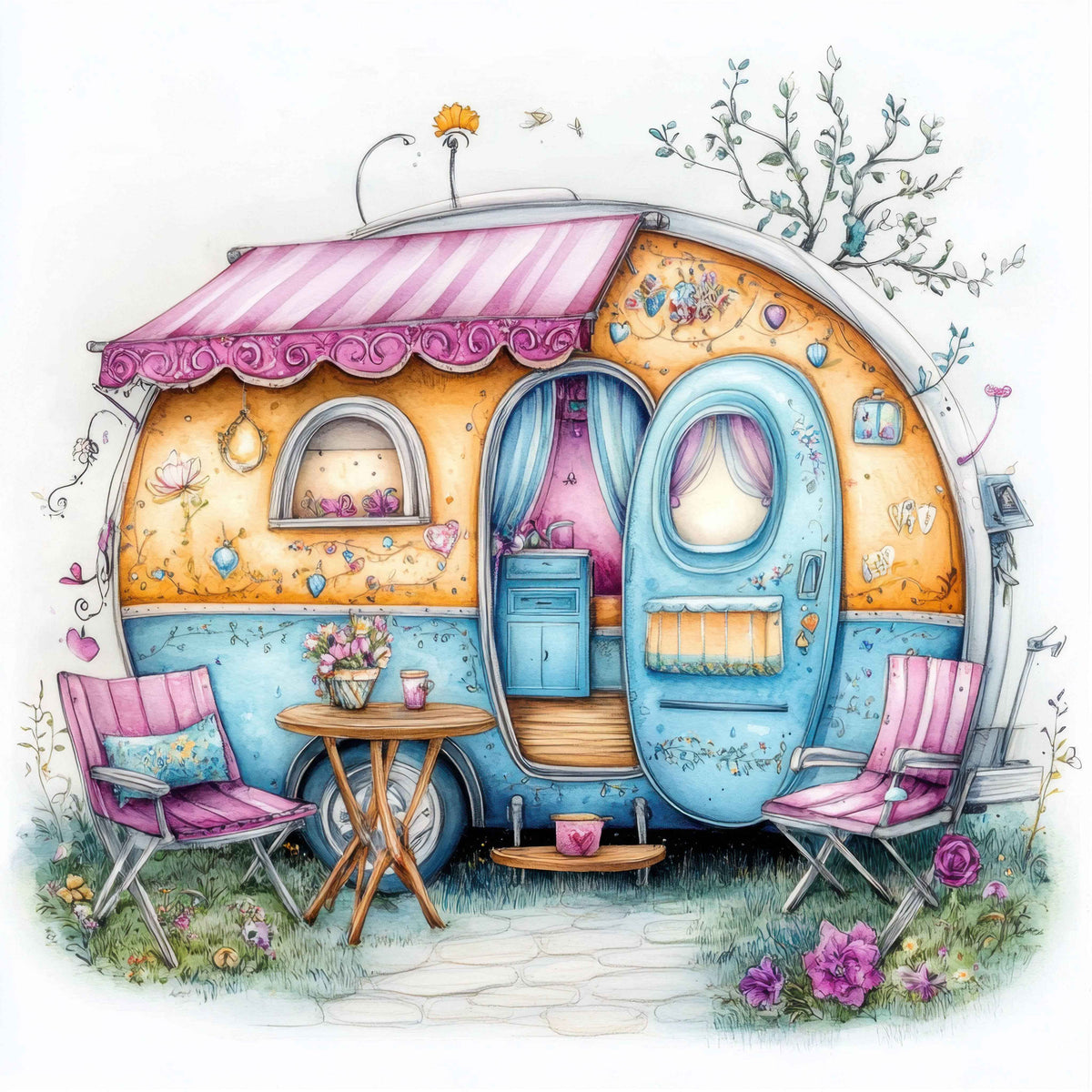 Summer Boho Camper Series Painting Art Kits: 1. Orange Camper