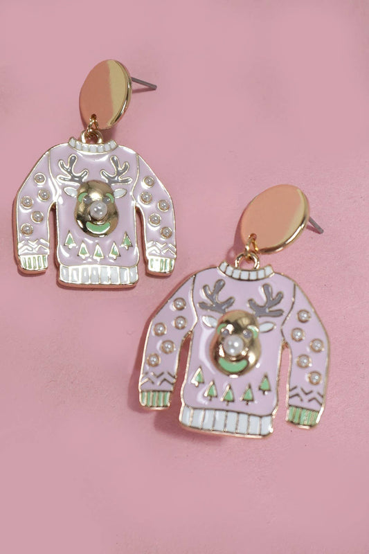 CHRISTMAS THEME SWEATSHIRT DROP EARRINGS PINK