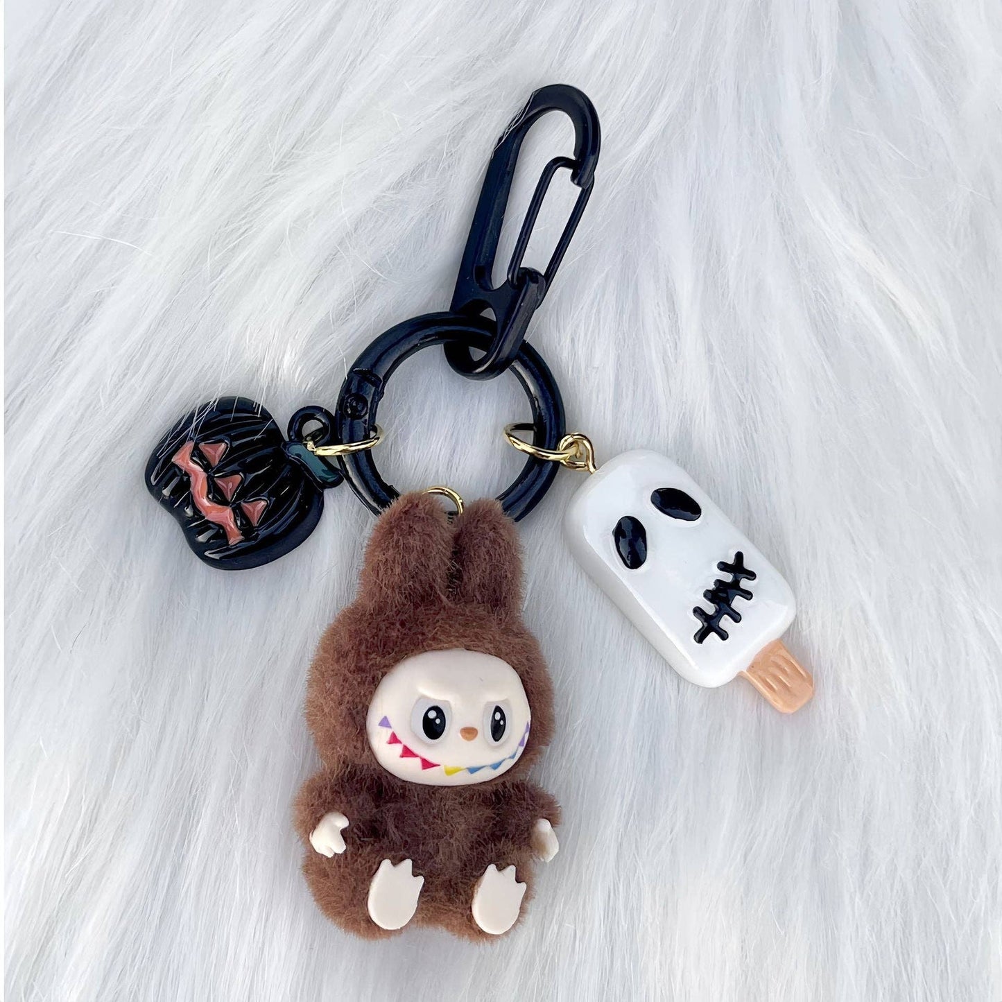 Halloween flocking mini Labubu keychain bag pendant: Gray Sitting Position