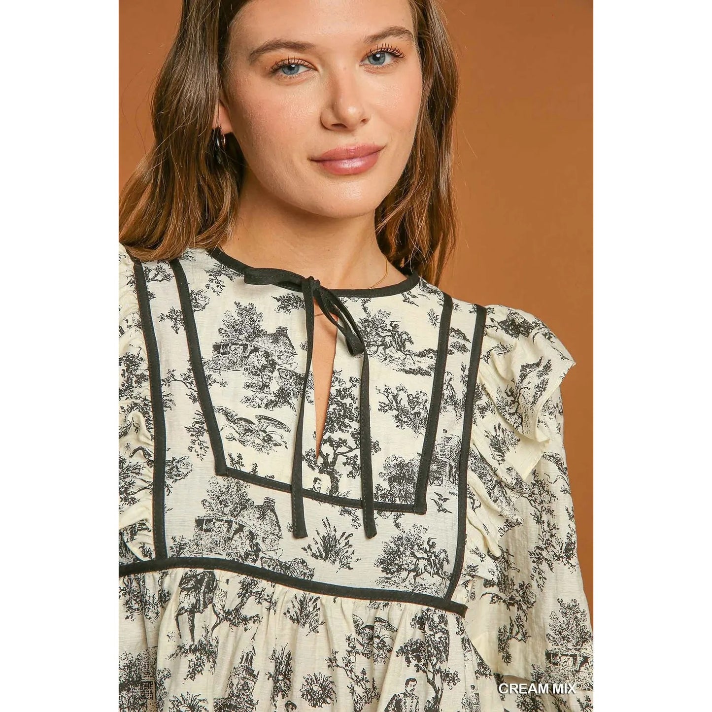 Umgee V-Neck Babydoll Cream/Black Toile Top~Ruffle Detail~Puff Sleeves