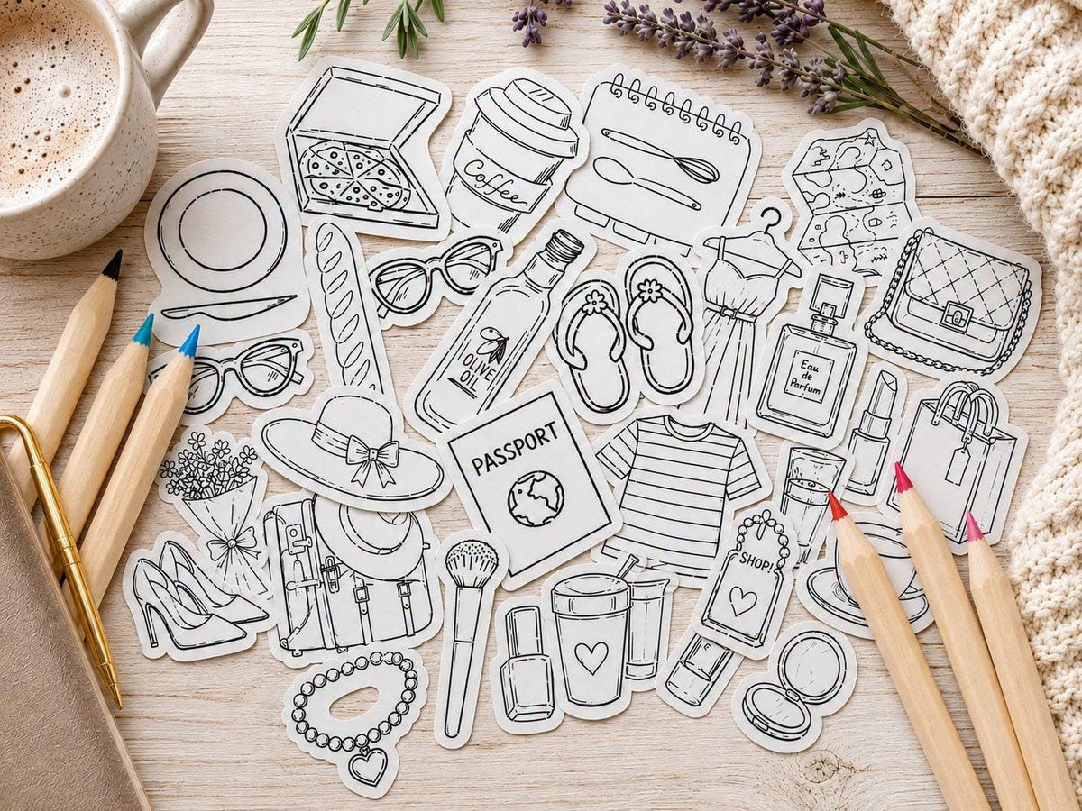 The Paper Garden Book Lover color-your-own sticker kit featuring illustrated bookish stickers