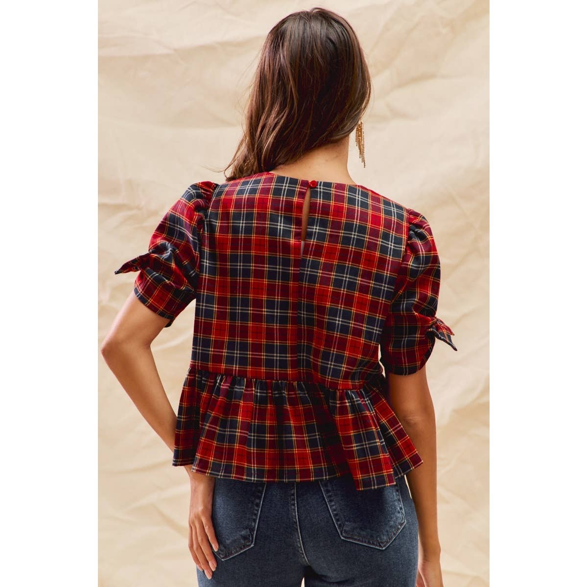 Red/Navy Christmas Holiday Plaid Ribbon Short Sleeve Peplum Top by So Me