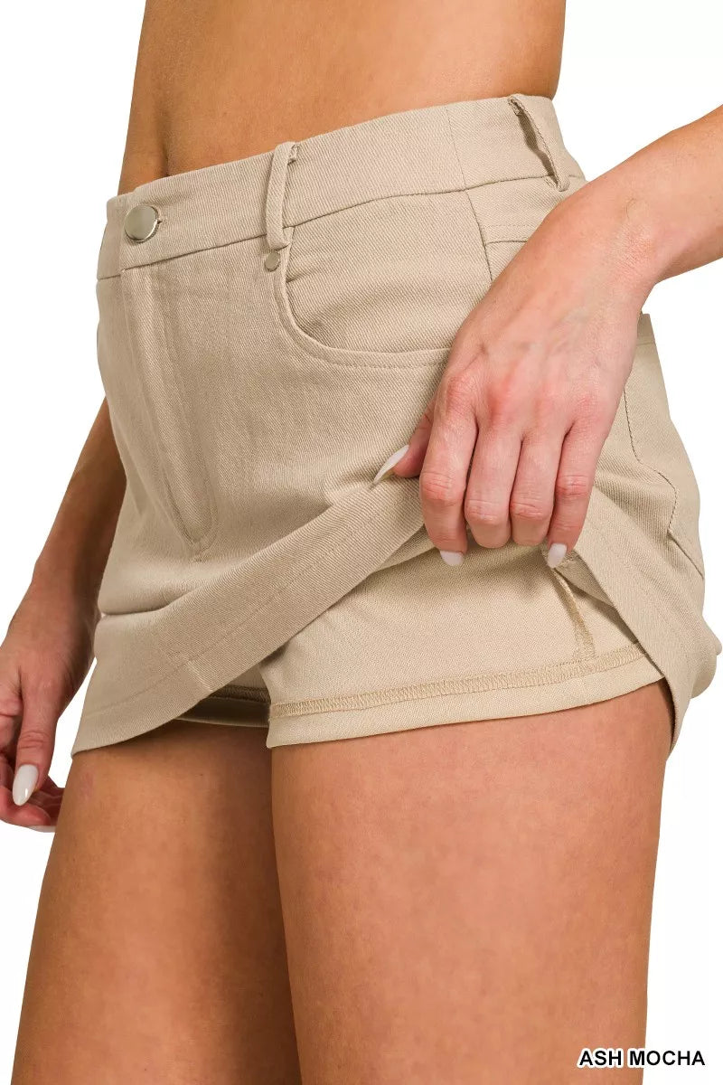 Ash Mocha Cotton Twill Lined Mini Skirt with Pockets by Zenana