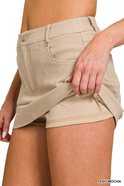 Ash Mocha Cotton Twill Lined Mini Skirt with Pockets by Zenana