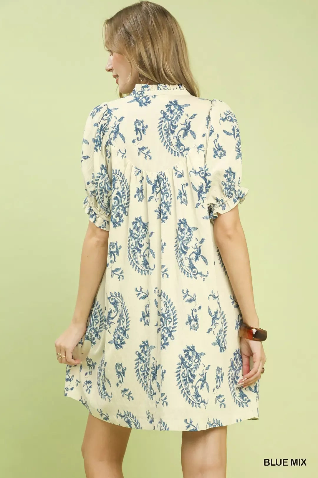 Blue Mix Paisley Scallop Trim Dress by Umgee Back View