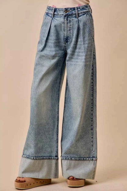 SO ME Mid Rise Plated Wid Leg Denim Jean