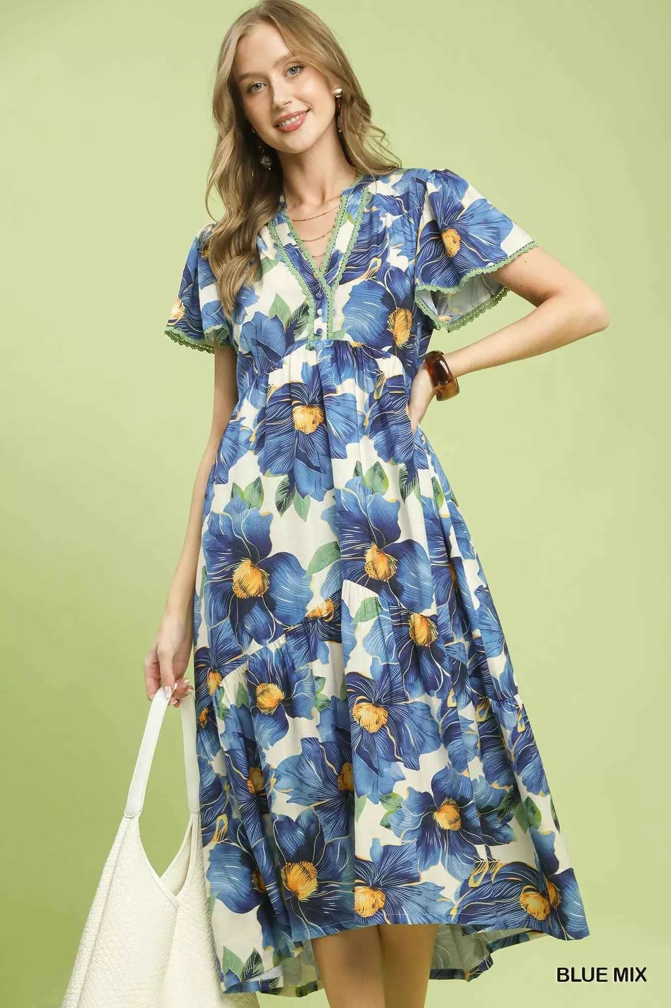 Umgee Tropical Floral V-Neck Flutter Sleeve Tiered Midi Dress