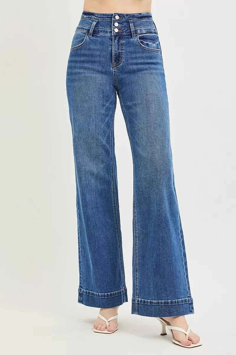Dark Wash High Rise Wide Leg Wide Band Detail Jeans by Risen