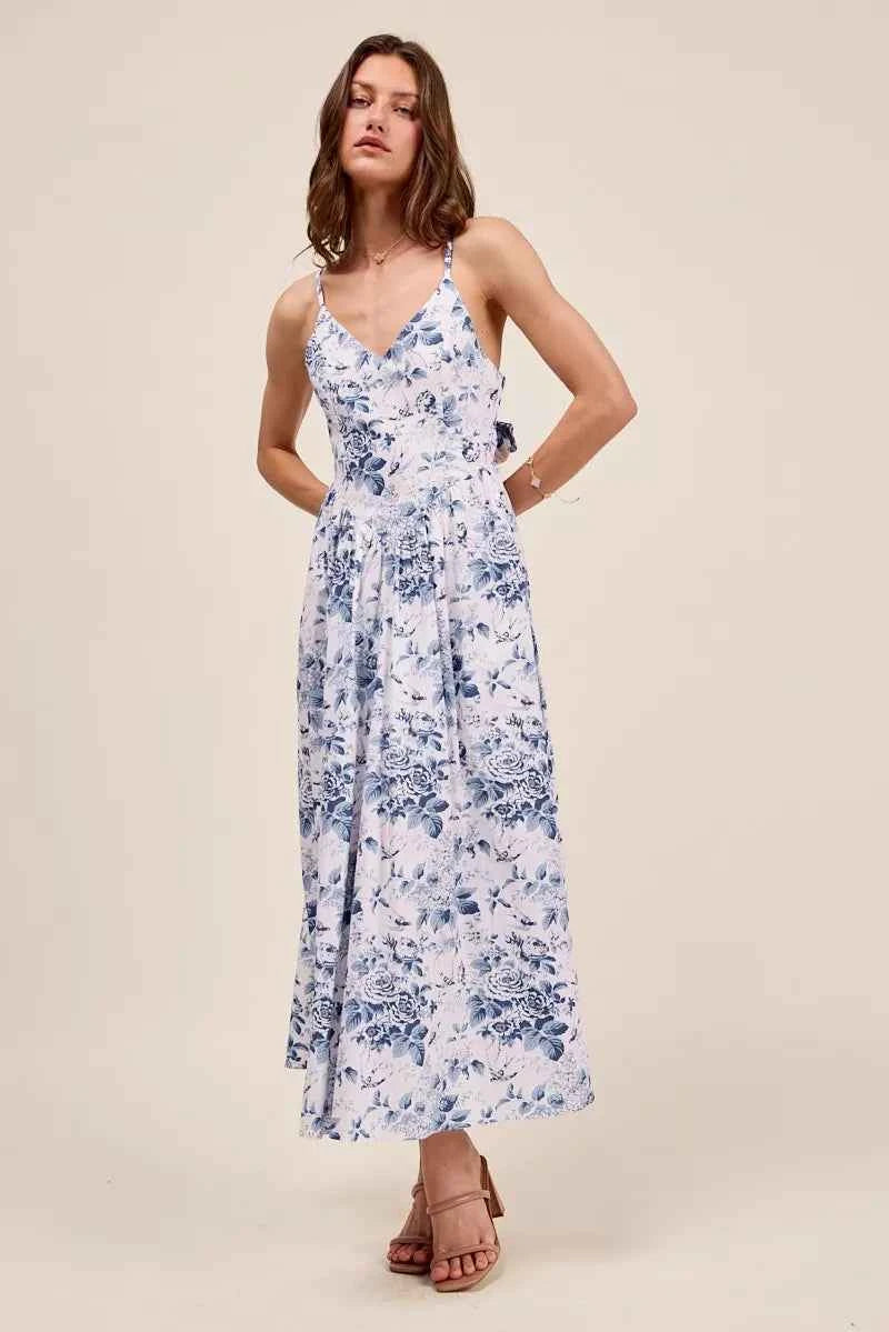 Blue Floral Woven V-Neck Maxi Dress With Back Ribbon Tie by SO ME