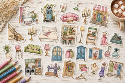 The Paper Garden Coffee Shop color-your-own sticker scene kit with illustrated coffee shop, furniture and décor stickers