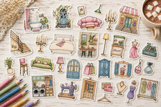 The Paper Garden Coffee Shop color-your-own sticker scene kit with illustrated coffee shop, furniture and décor stickers