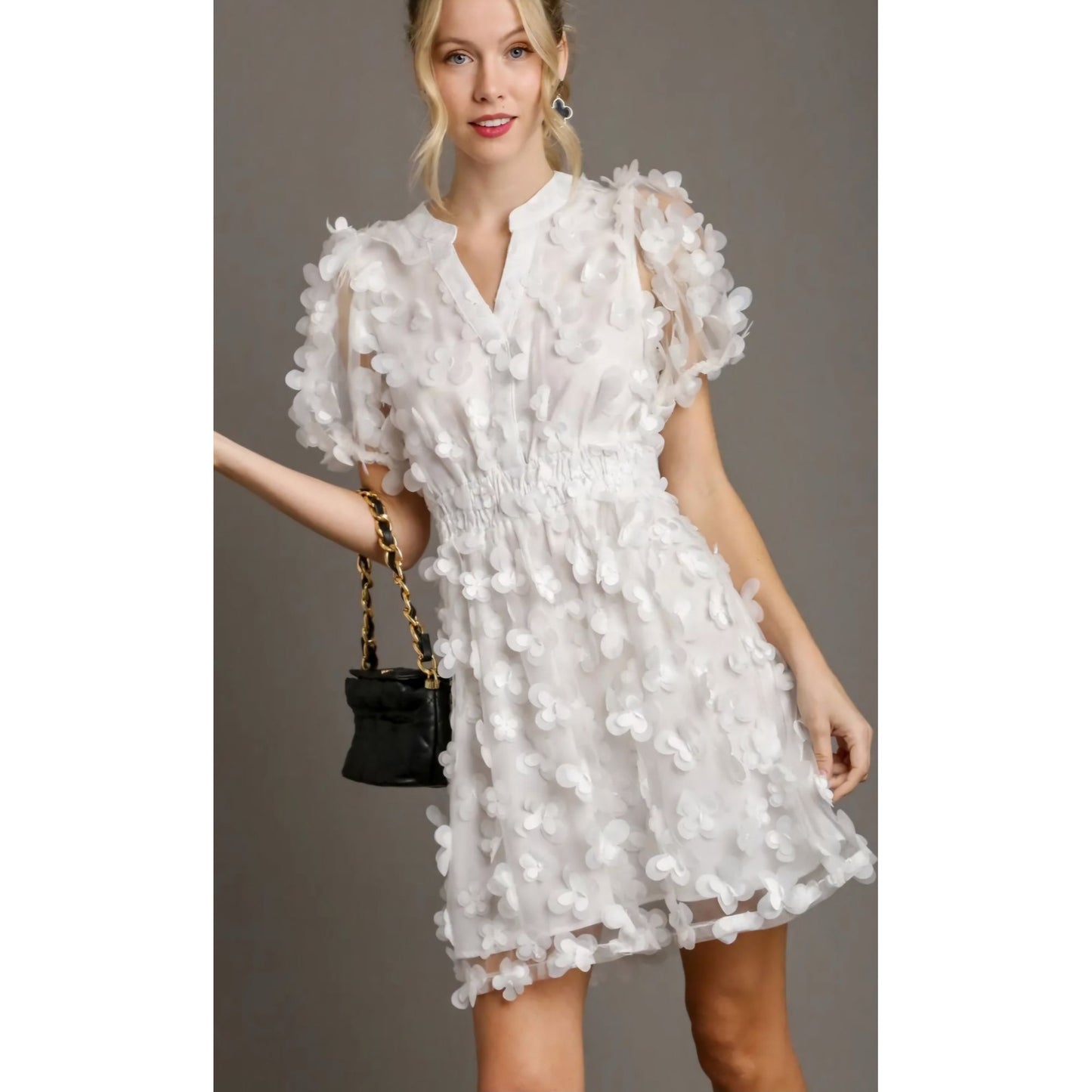 Umgee White 3D Organza Split Neck Dress/Puff Sleeve Dress