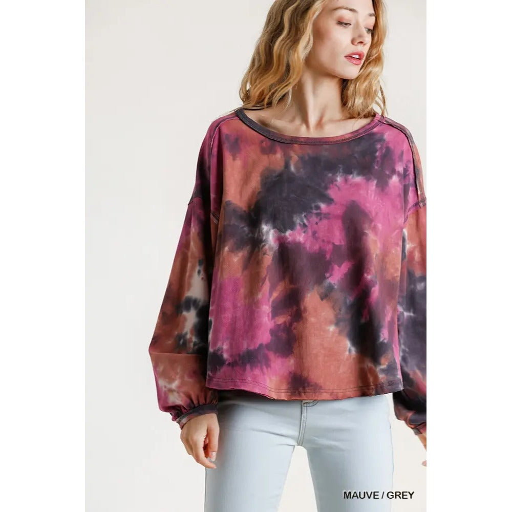 Umgee Tie Dye Long Puff Sleeve Top Raw Hem~Relaxed Fit Mauve/Grey