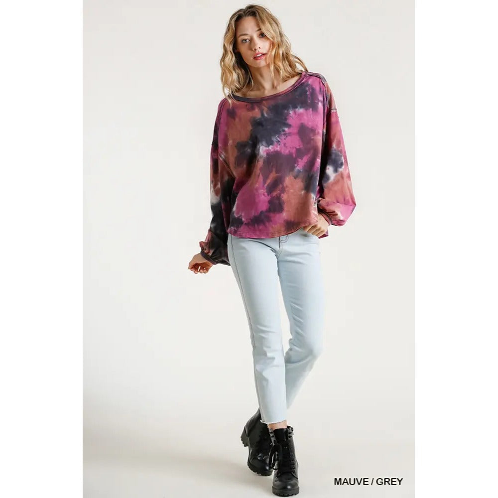 Umgee Tie Dye Long Puff Sleeve Top Raw Hem~Relaxed Fit Mauve/Grey