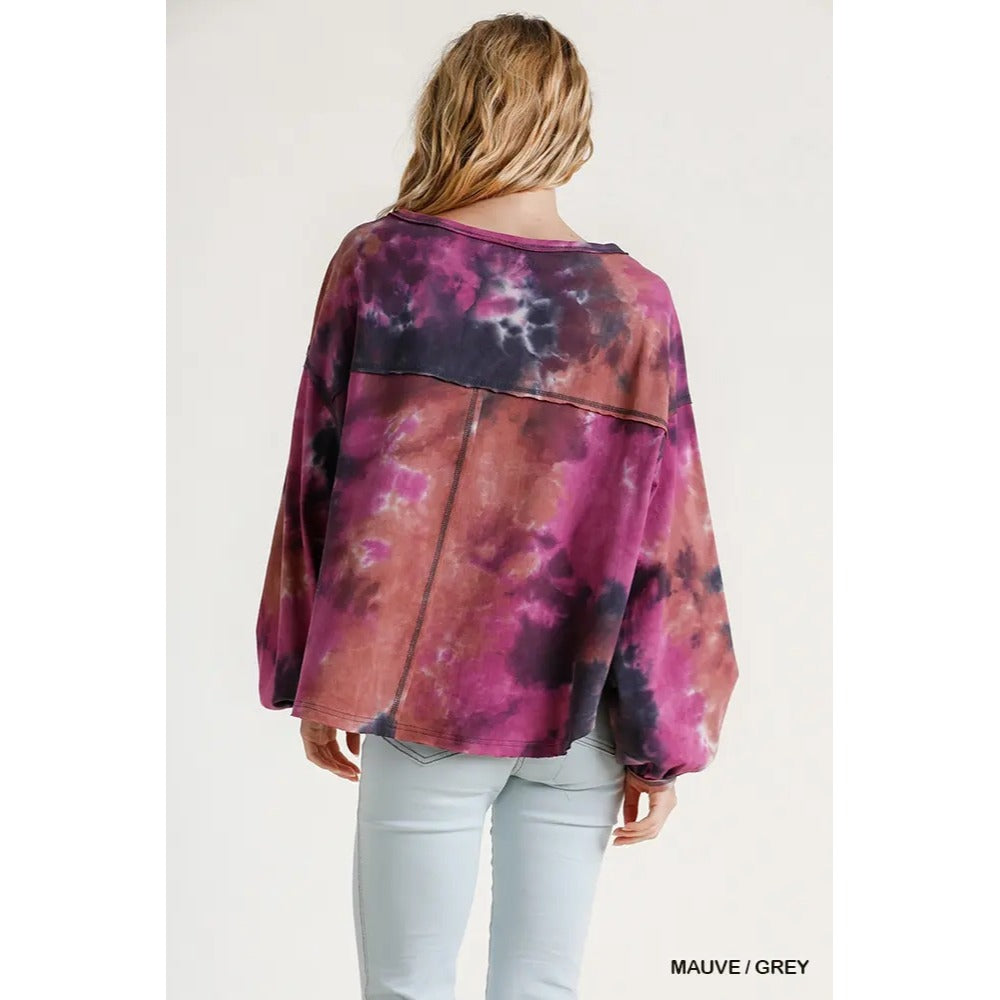 Umgee Tie Dye Long Puff Sleeve Top Raw Hem~Relaxed Fit Mauve/Grey