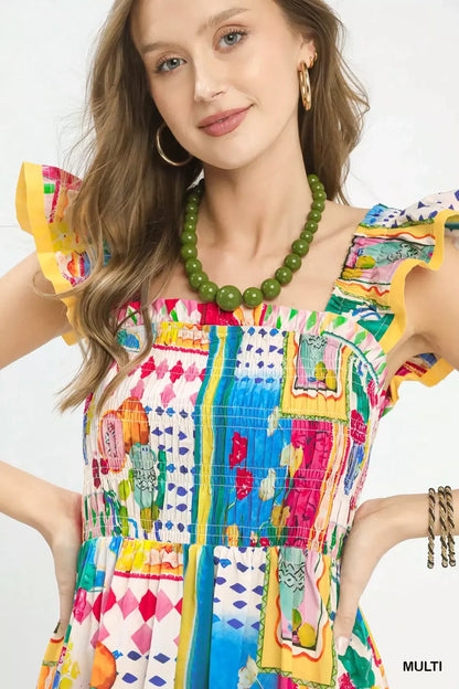 Abstract Print Smocked Ruffle Sleeve Tiered Midi Dress by Umgee Close View