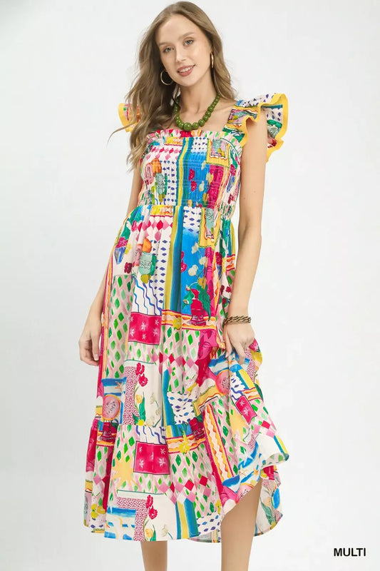 Abstract Print Smocked Ruffle Sleeve Tiered Midi Dress by Umgee Front View