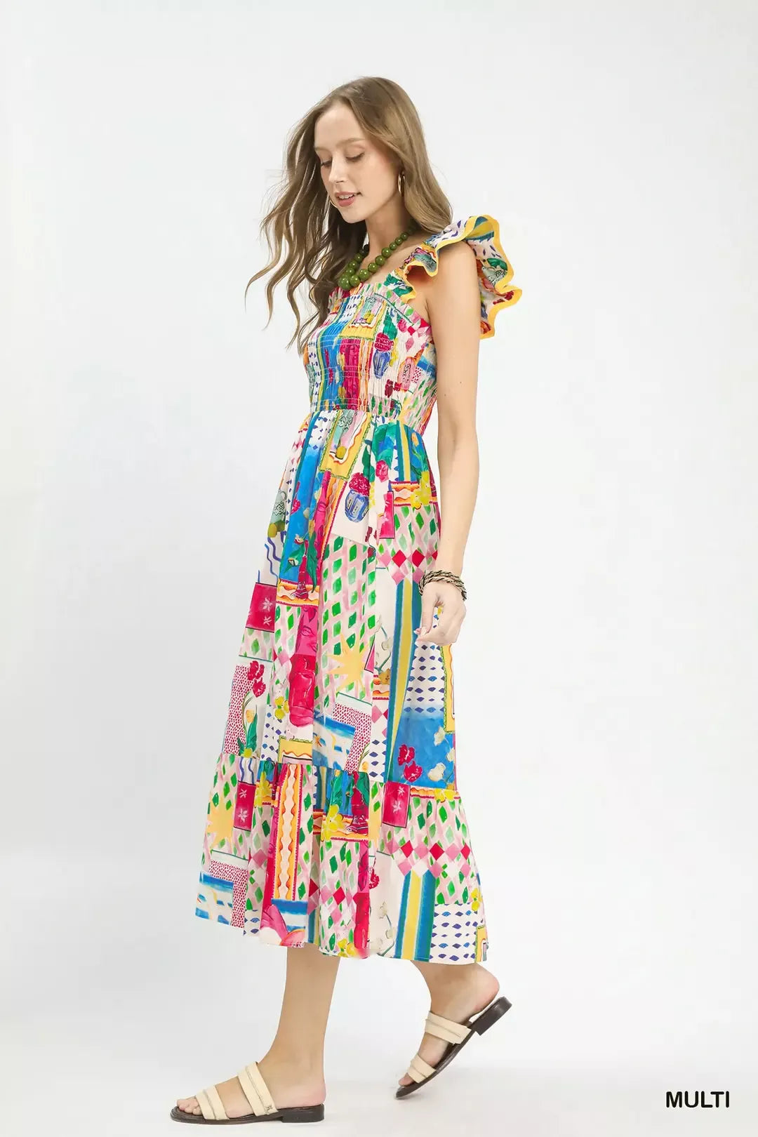 Abstract Print Smocked Ruffle Sleeve Tiered Midi Dress by Umgee Side View