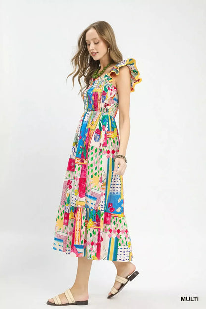 Abstract Print Smocked Ruffle Sleeve Tiered Midi Dress by Umgee Side View