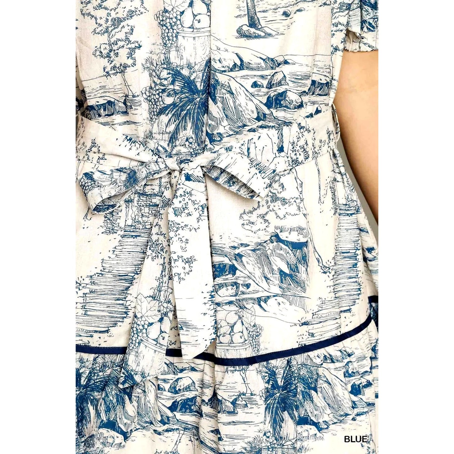 Umgee Blue Toile Print Puff Sleeve Ruffle Mini Dress~Tie Waist