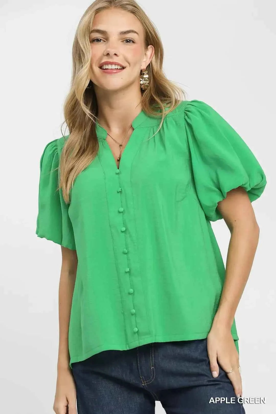 Apple Green Button-Down Puff Sleeve Shirt by Umgee Front View