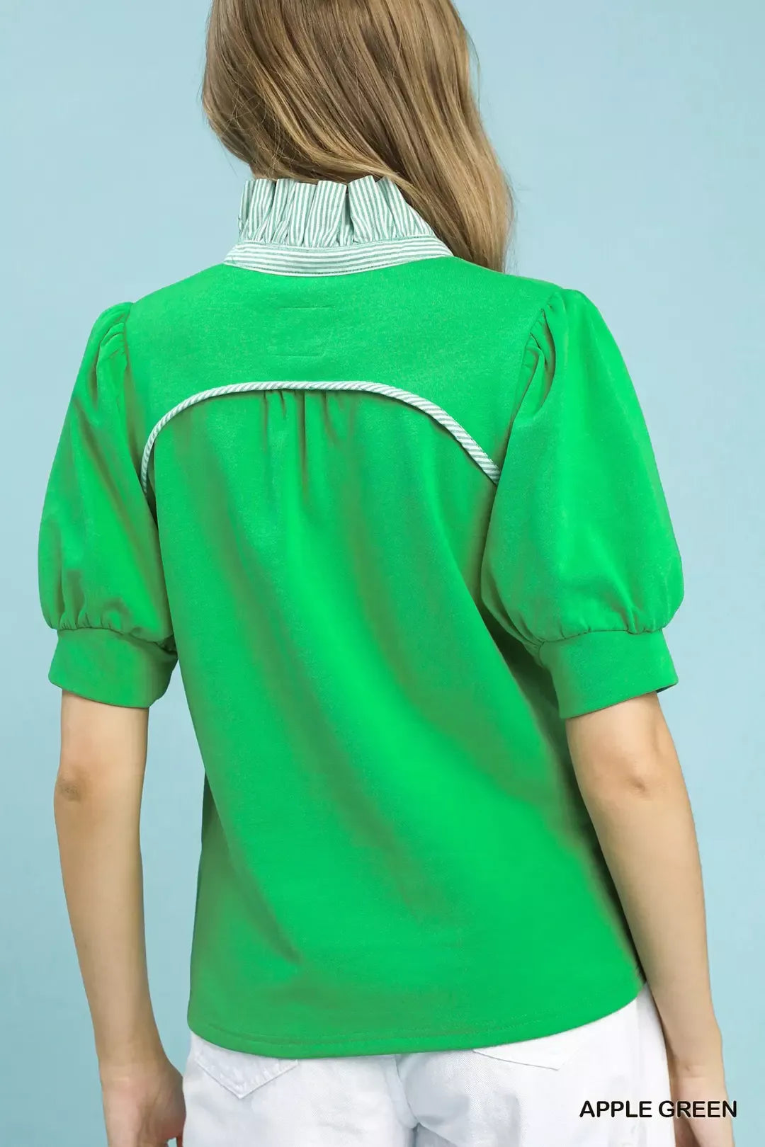 Apple Green Striped Collar Popover Top w/ Contrast Collar by Umgee Back View