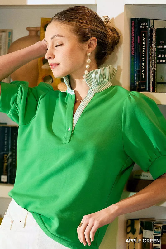 Apple Green Striped Collar Popover Top w/ Contrast Collar by Umgee Front View