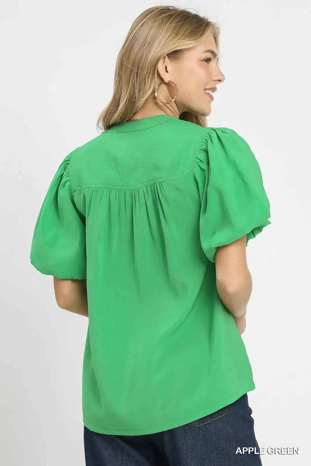 Apple Green Umgee Button-Down Puff Sleeve Shirt Back View