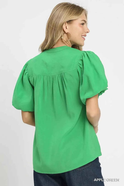 Apple Green Umgee Button-Down Puff Sleeve Shirt Back View