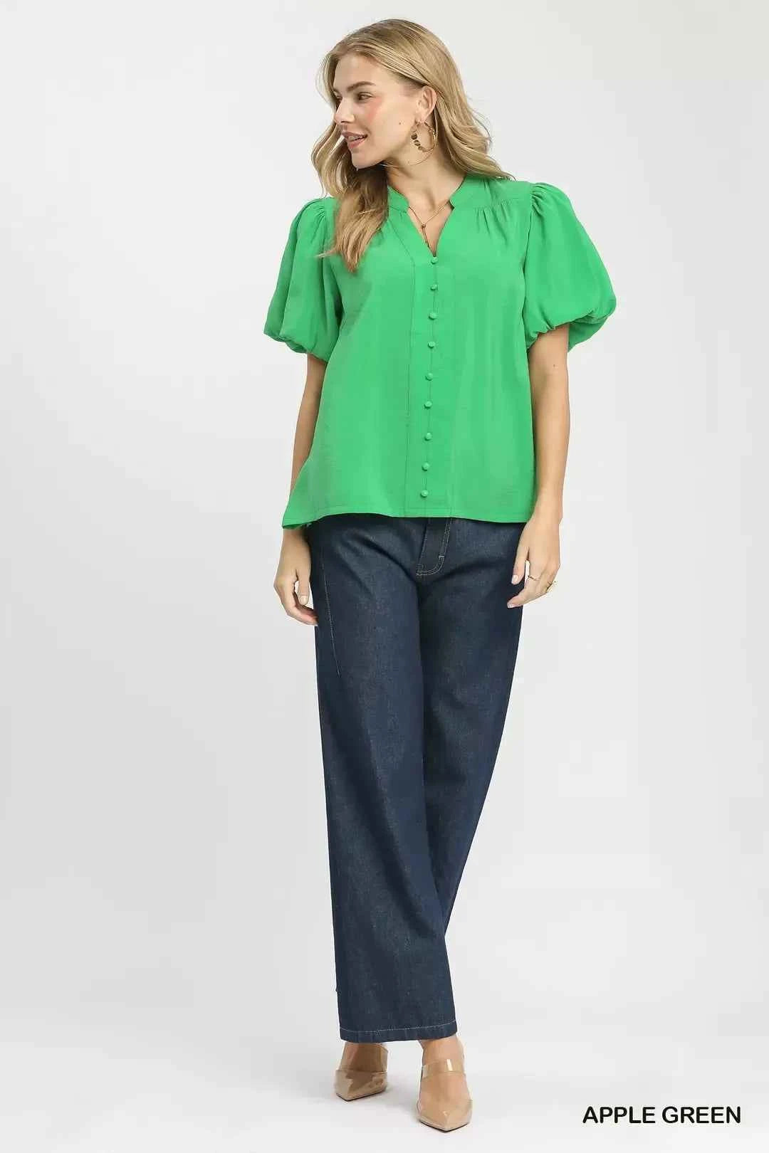 Apple Green Umgee Button-Down Puff Sleeve Shirt Full View