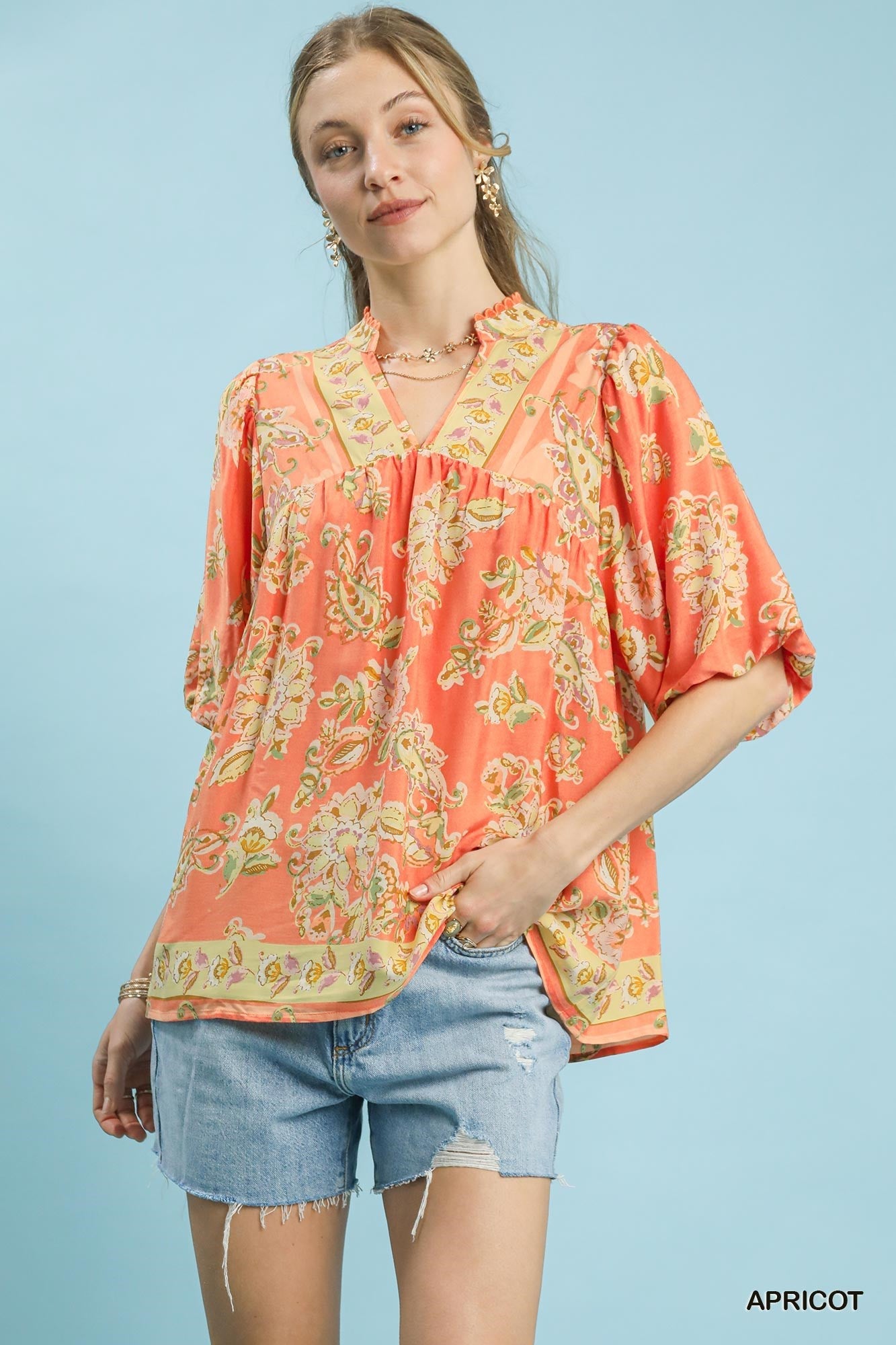 Apricot Floral Print Boho Blouse by Umgee Front View