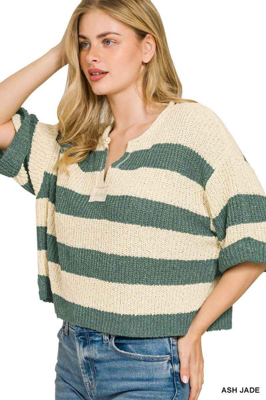 Ash Jade Split Neck Stripe 3/4 Sleeve Sweater by Zenana