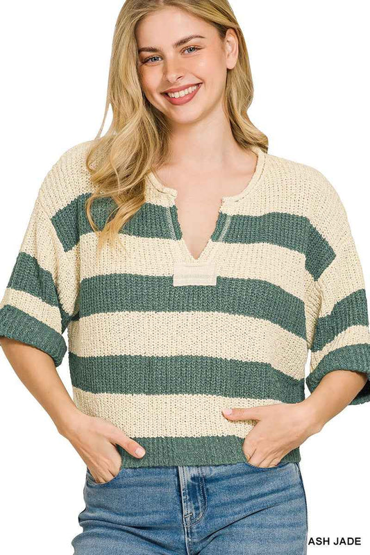 Ash Jade Split Neck Stripe 3/4 Sleeve Sweater by Zenana